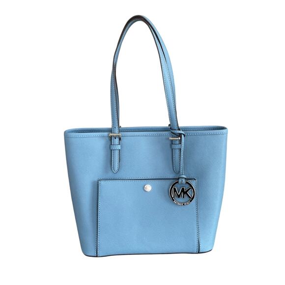 MICHAEL KORS Jet Set Medium Denim Blue Leather Double Handle Shoulder Bag NEW - Picture 1 of 12